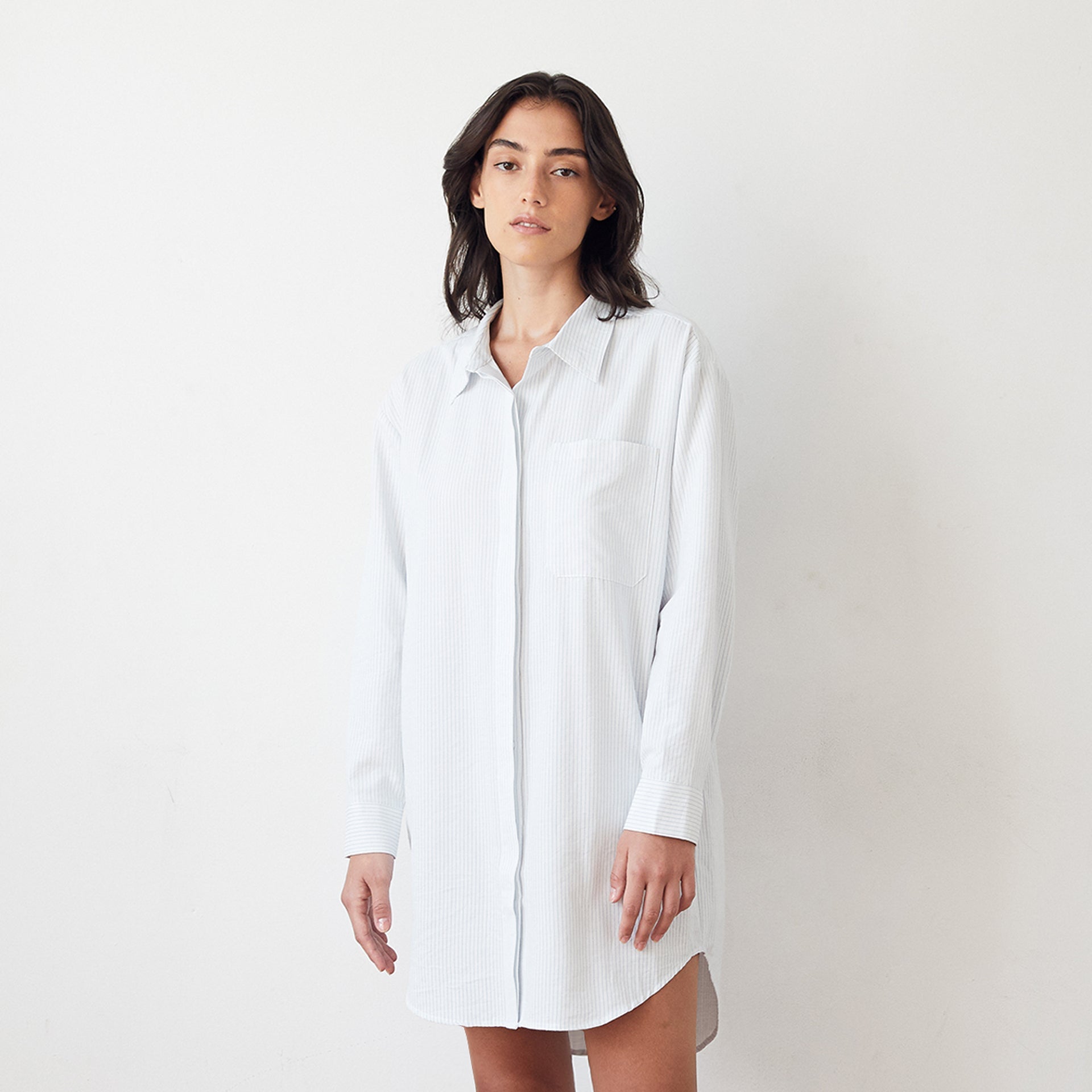 Front view of woman wearing Mathilde Shirt Dress