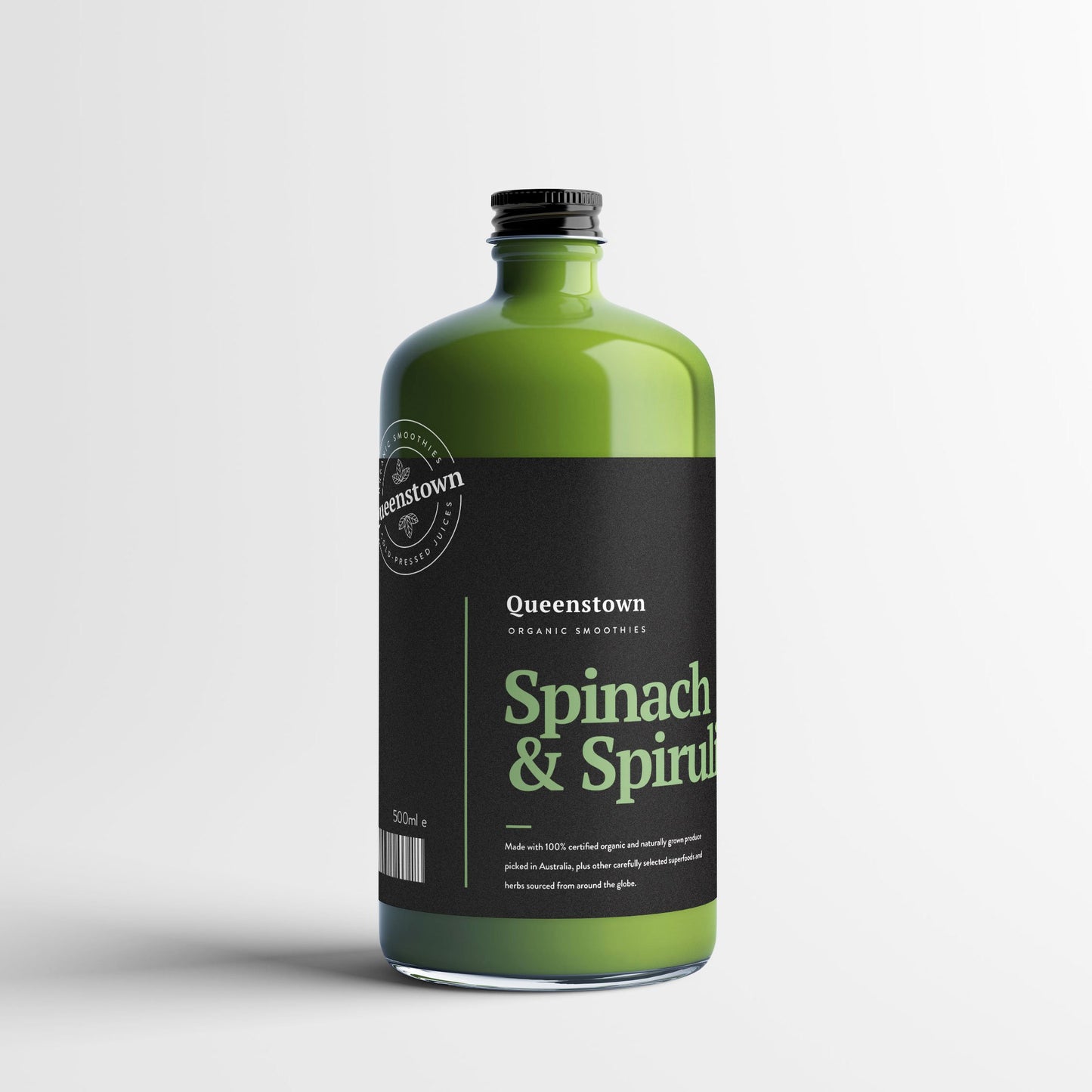 Spinach and spirulina vitamin enhanced smoothie bottle